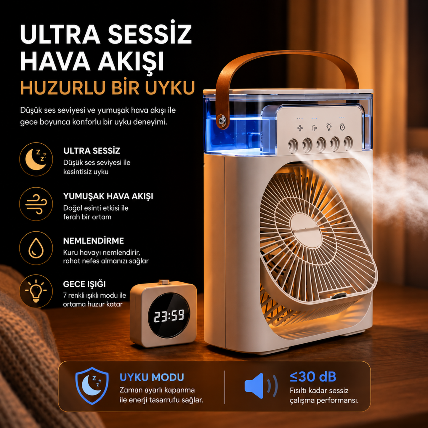 3'ü 1 Arada Nemlendirici, Gece Lambası ve Soğuk Buharlı Masa Tipi Fan