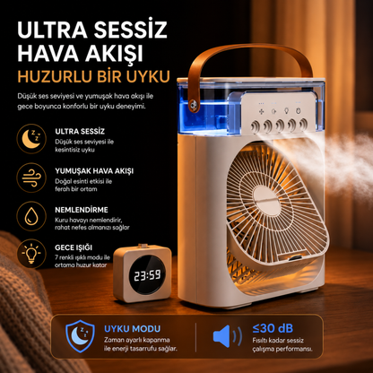 3'ü 1 Arada Nemlendirici, Gece Lambası ve Soğuk Buharlı Masa Tipi Fan