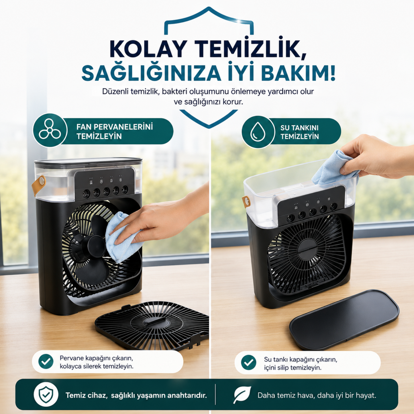 3'ü 1 Arada Nemlendirici, Gece Lambası ve Soğuk Buharlı Masa Tipi Fan